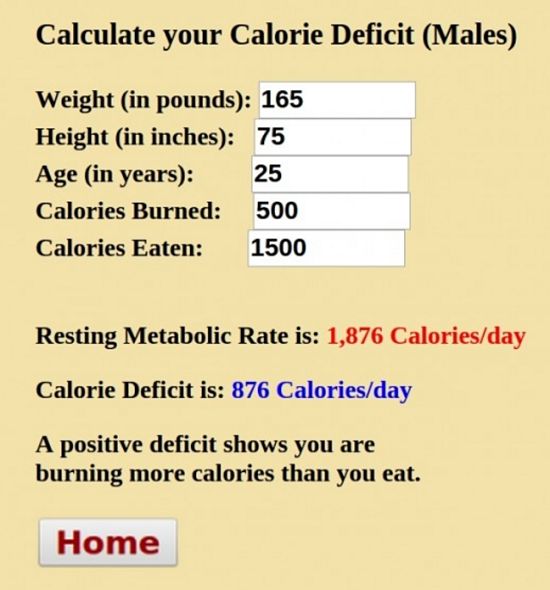 Calorie Deficit Calculator for Males - weight in pounds; height in inches