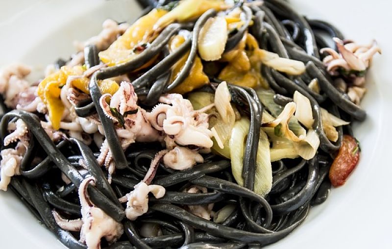 Italian seafood with black linguine - delicious